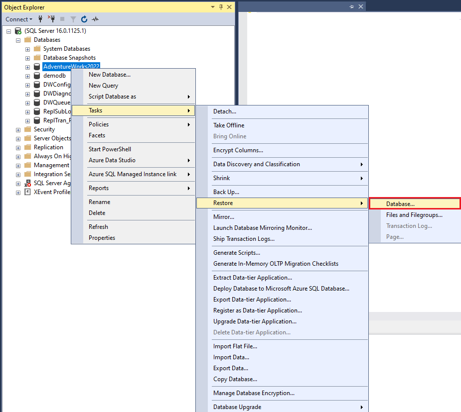 Screenshot der Auswahl der Datenbankwiederherstellung in SQL Server Management Studio.