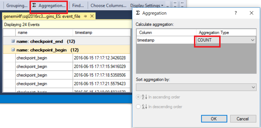 Screenshot: Symbolleiste mit ausgewählter Option „Aggregation“ und dem Dialogfeld „Aggregation“.