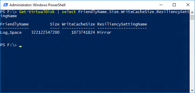 Screenshot eines Windows PowerShell-Fensters mit der Ausgabe des Get-VirtualDisk-Cmdlets