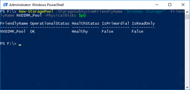 Screenshot eines Windows PowerShell-Fensters mit der Ausgabe des New-StoragePool-Cmdlets