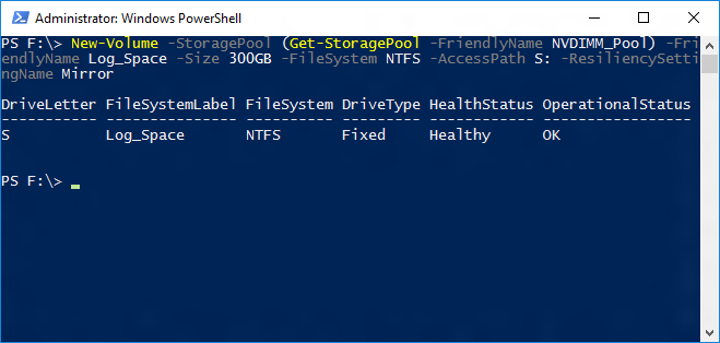 Screenshot eines Windows PowerShell-Fensters mit der Ausgabe des New-Volume-Cmdlets