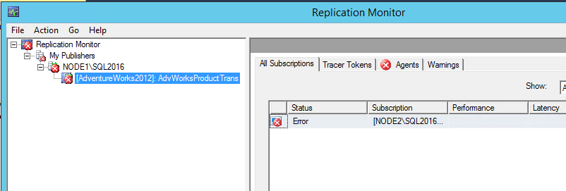 Screenshot des roten X auf der Registerkarte „Agents“ des Replikationsmonitors. 