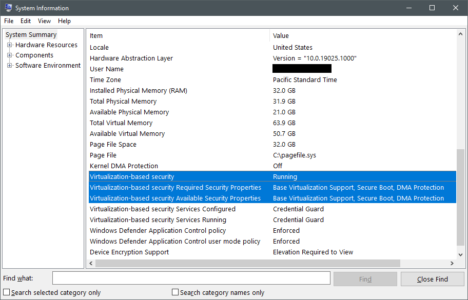 Screenshot der Systeminformationen mit Status der virtualisierungsbasierten Sicherheit und Konfiguration