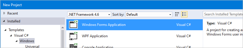 Screenshot von Visual Studio, der eine neue Windows Forms-Anwendung hervorhebt.