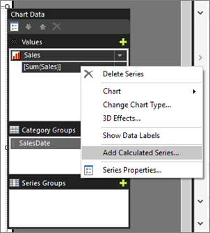 Screenshot, der die Vorgehensweise zum Hinzufügen einer berechneten Reihe zum Säulendiagramm in Report Builder zeigt.