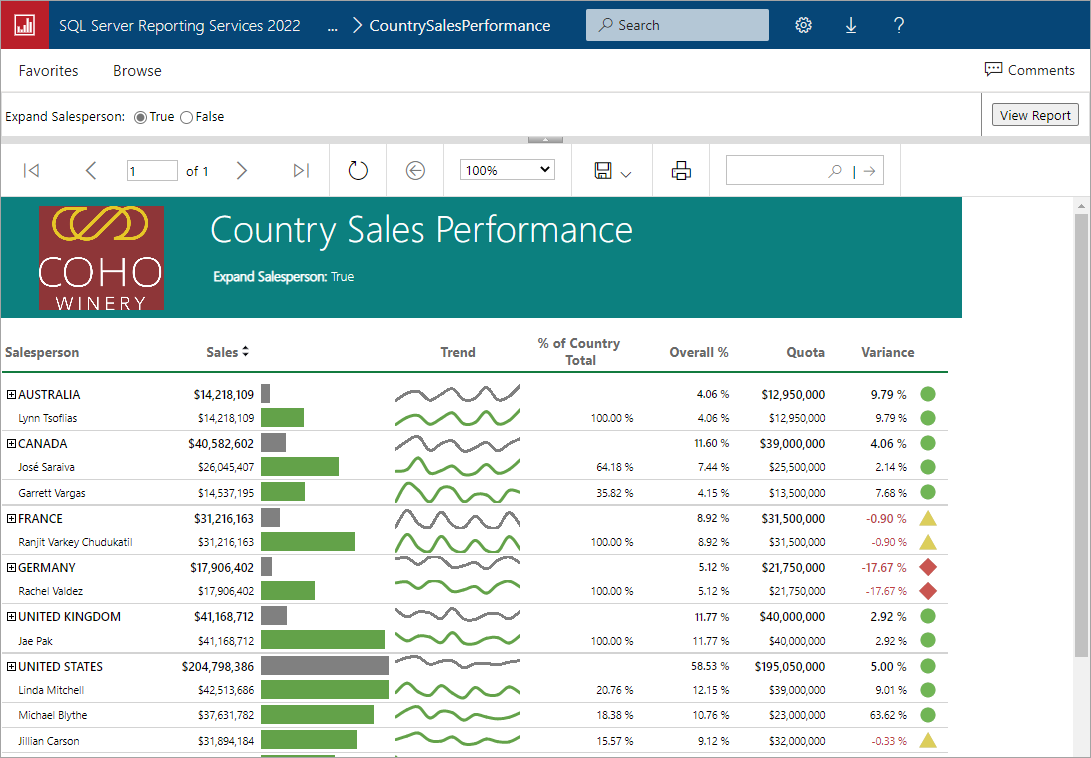 Screenshot eines SQL Server 2022 Reporting Services-Berichts.