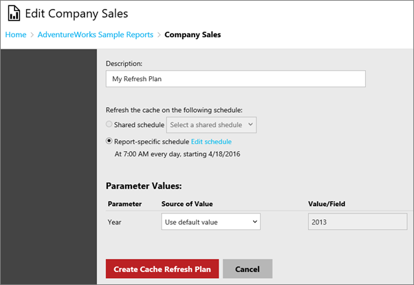 Screenshot: Dialogfeld „Company Sales bearbeiten“ mit der Option „Cacheaktualisierungsplan erstellen“