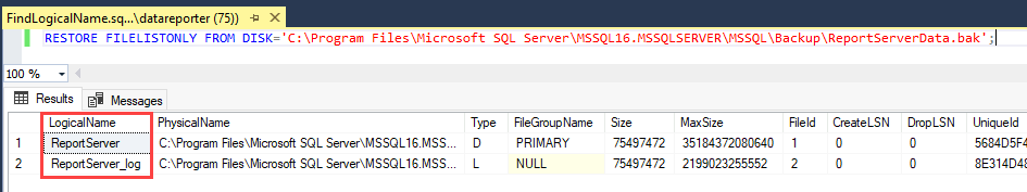 Screenshot einer RESTORE FILELISTONLY-Anweisung in einem SQL Server Management Studio-Abfragefenster. In der Ausgabe ist die Spalte 