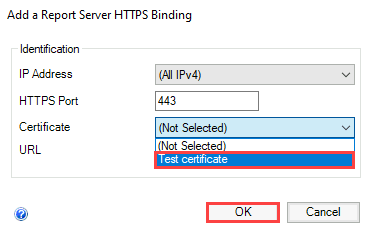 Screenshot des Fensters „HTTPS-Bindung eines Berichtsservers hinzufügen“. Die Schaltfläche „OK“ und ein Zertifikat in der Zertifikatliste sind hervorgehoben.