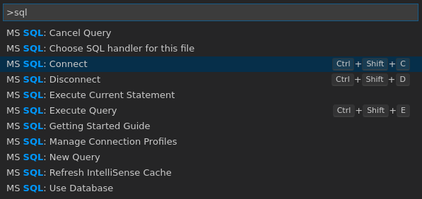 Screenshot der Befehlspalette von Visual Studio Code, gefiltert nach „MS SQL“-Befehlen.