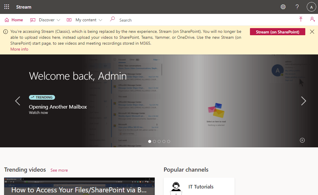 Stream (klassisch) Startseite mit einer benutzerdefinierten Nachricht in einem gelben Banner oben mit einer Schaltfläche, die Stream (auf Basis von SharePoint)