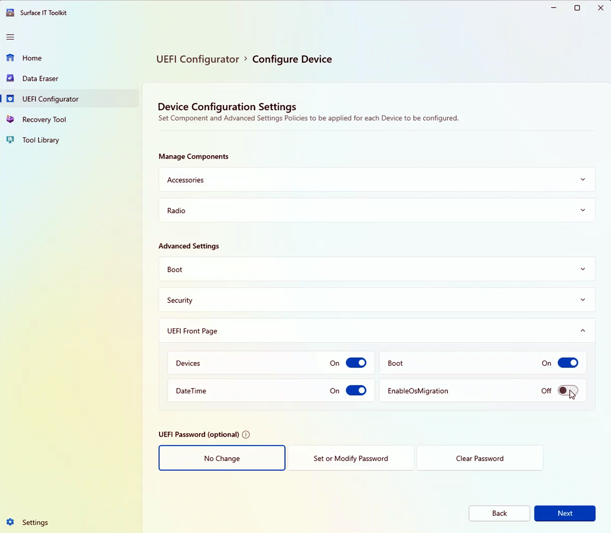 Screenshot: Aktivieren der UEFI-Einstellung für die Betriebssystemmigration auf Surface Hub 2S