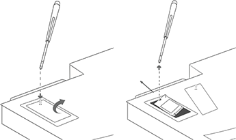 Abbildung, die zeigt, wie sie die Abdeckungsschraube und die Abdeckung von der Compute-Patrone entfernen und dann das SSD-Laufwerk (Solid State Drive) entfernen. Wenn Sie fertig sind, ersetzen Sie die Abdeckung.