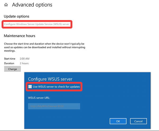 Abbildung, die zeigt, wo sie die Surface Hub WSUS-Konfigurationseinstellung finden.