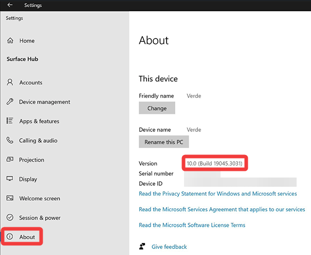 Abbildung, die zeigt, wo sie die aktuelle Buildnummer des Surface Hub-Betriebssystems finden.