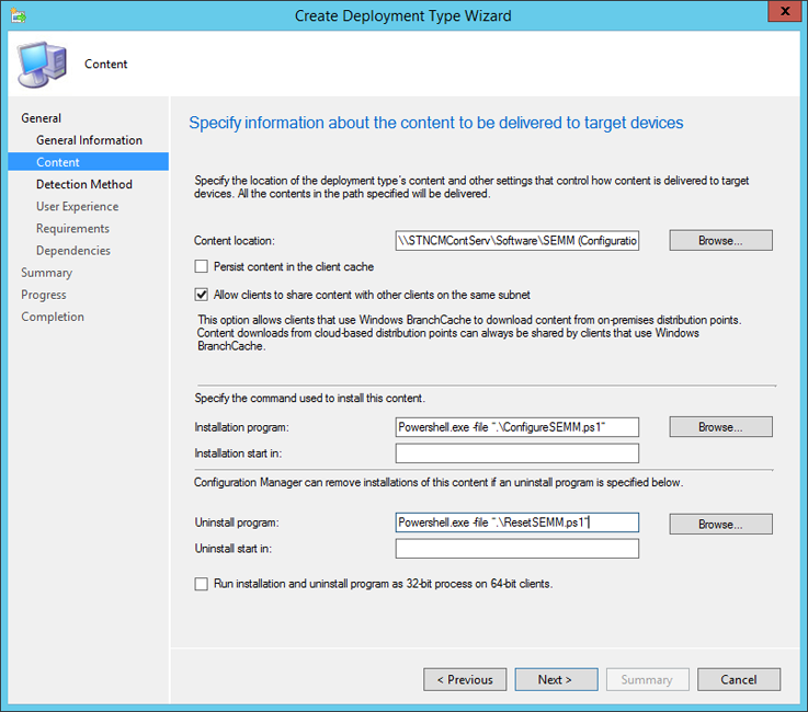 Legen Sie die SEMM-Configuration Manager Skripts als Installations- und Deinstallationsbefehle fest.