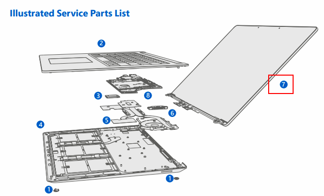 Screenshot: Liste der illustrierten Teile für Surface Laptop 5.