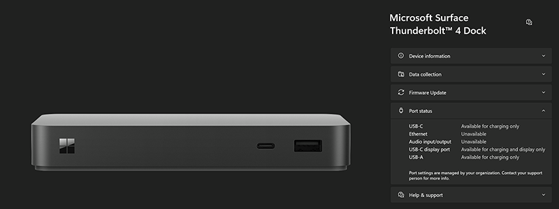 Screenshot: Surface-App mit deaktivierten Ports für nicht authentifizierte Benutzer am Surface Thunderbolt 4 Dock