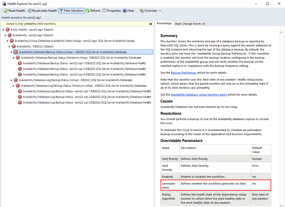 Screenshot der Rollup-Warnung für die Sicherung der Verfügbarkeitsdatenbank.