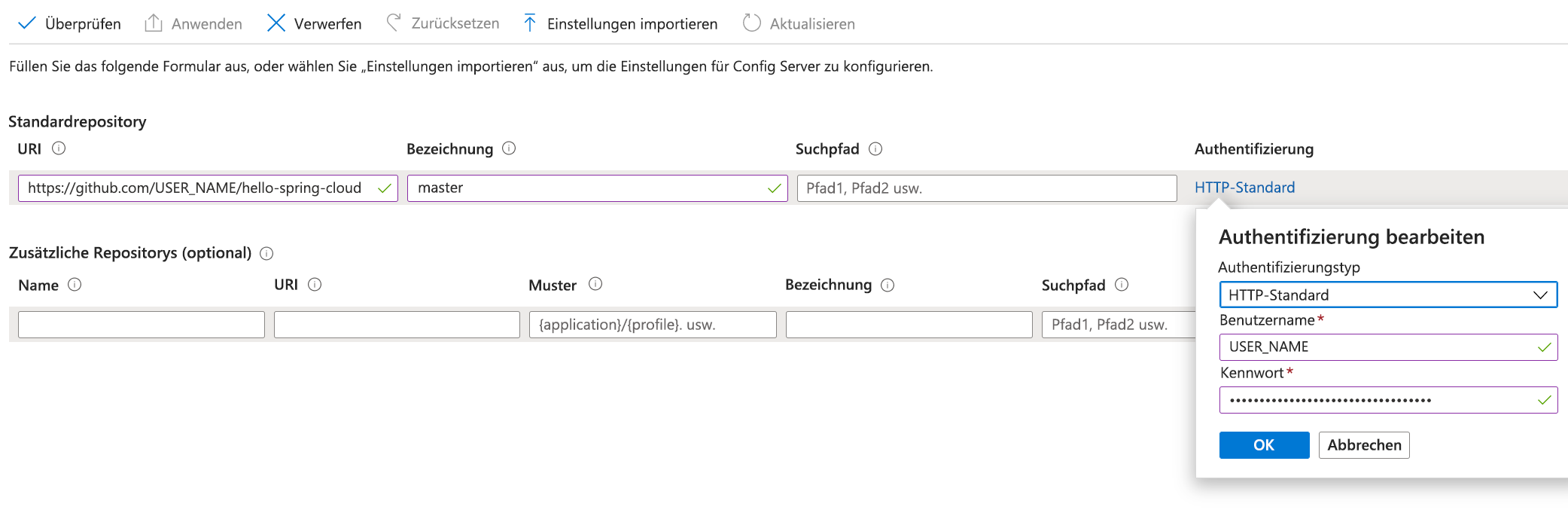 Screenshot of the Spring Cloud config server settings.