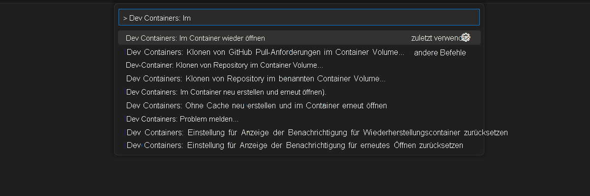 Screenshot of the Command Palette option to reopen the current folder within the context of a development container.