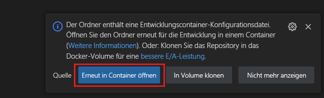 Screenshot of a toast notification to reopen the current folder within the context of a development container.