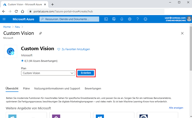 Screenshot, der die Suche nach Custom Vision-Ressourcenvorlagen im Azure-Portal zeigt.