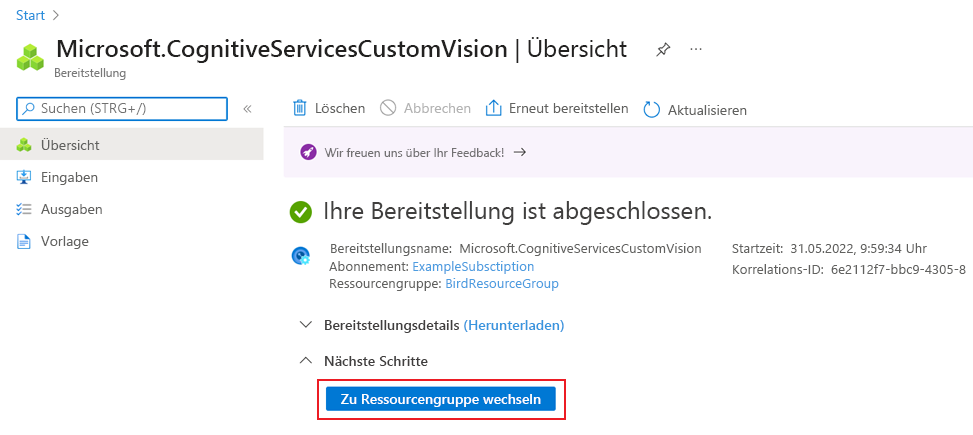 Screenshot, der die Seite zum Abschluss der Bereitstellung im Azure-Portal zeigt, wobei die Schaltfläche „Zu Ressource wechseln“ hervorgehoben ist.