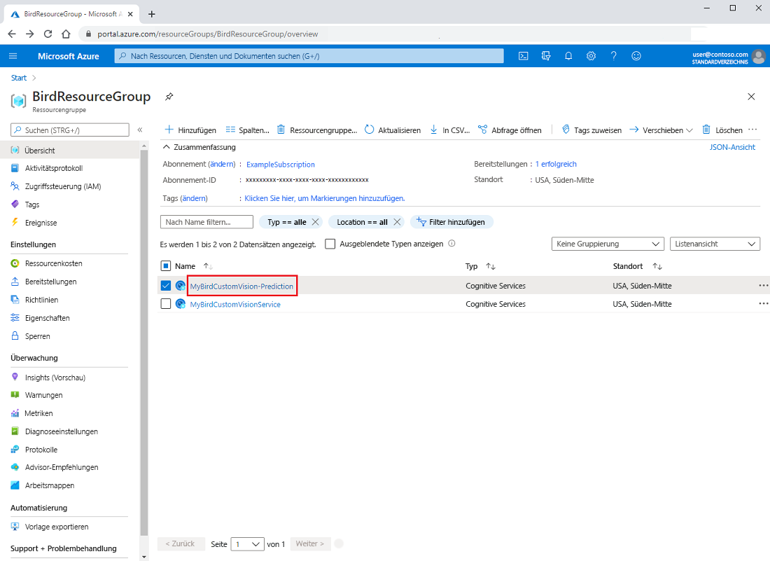 Screenshot, der das Öffnen der Vorhersagenressource im Azure-Portal zeigt.