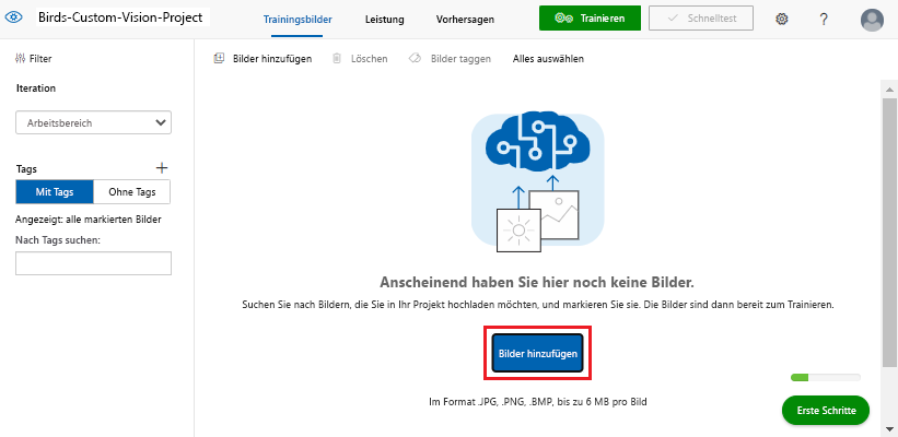 Screenshot, der die Schaltfläche zum Hinzufügen von Bildern in einem Custom Vision-Projekt hervorhebt.