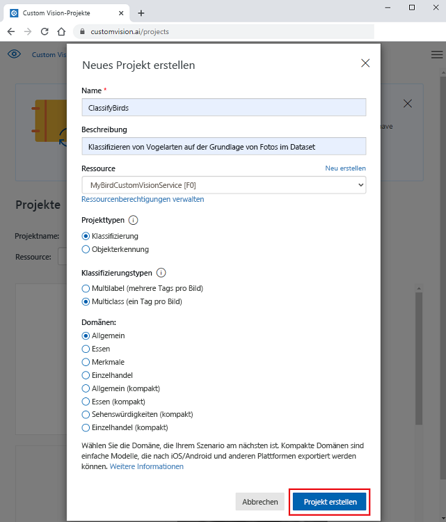 Screenshot, der zeigt, wie Sie im Custom Vision-Portal eine neue Ressource erstellen.
