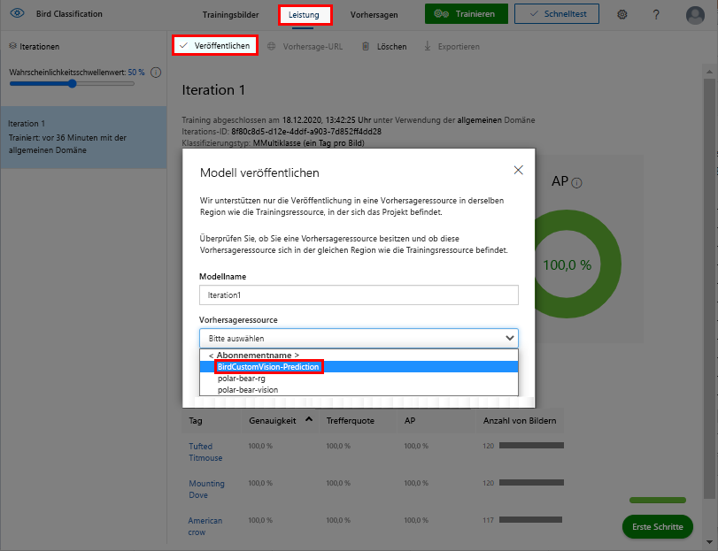 Screenshot, der zeigt, wie ein trainiertes Custom Vision-Modell veröffentlicht wird.