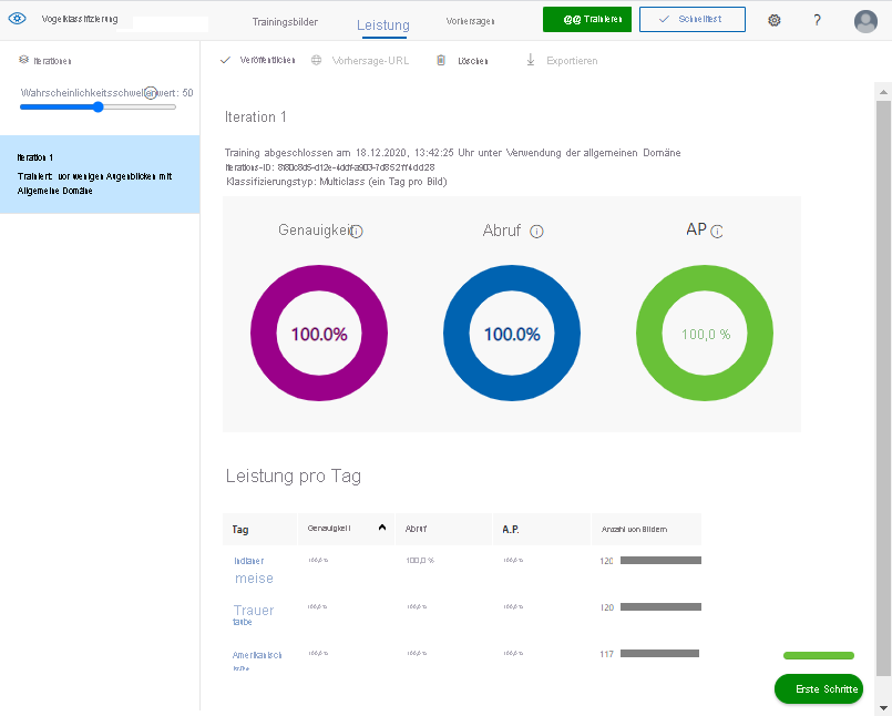 Screenshot, der grafische und numerische Metriken zu einer Trainingsiteration eines Custom Vision-Projekts anzeigt.