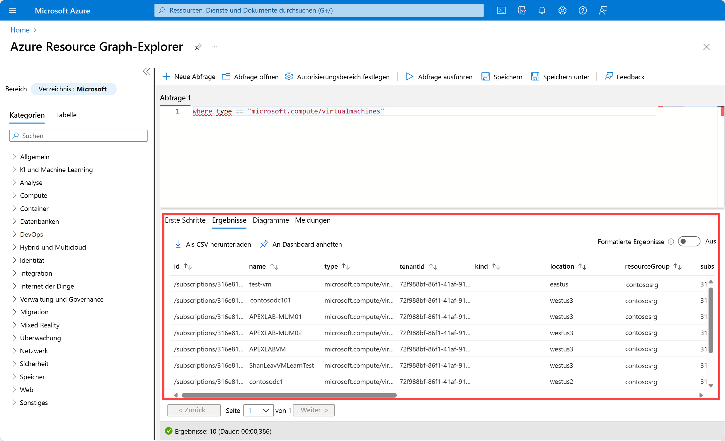 Resource graph panel in the Azure portal with results of query showing table of results.