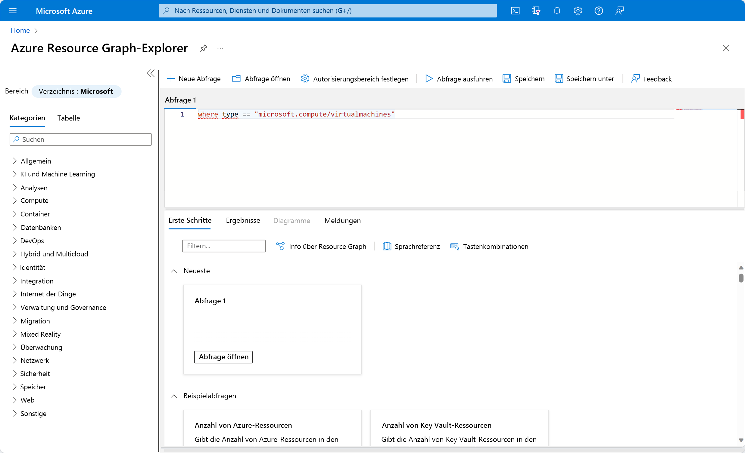 Resource graph panel in Azure portal with the query of where type == microsoft.compute/virtualmachines