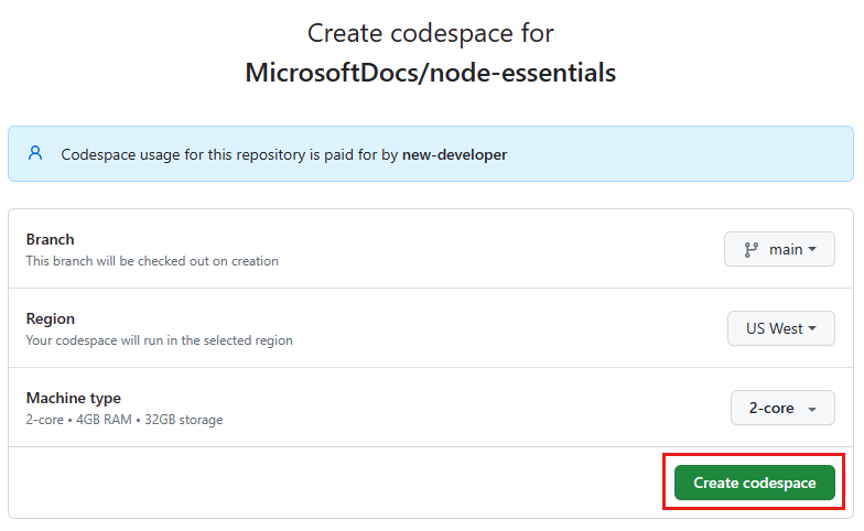 Screenshot: Bestätigungsbildschirm vor dem Erstellen eines neuen Codespace.