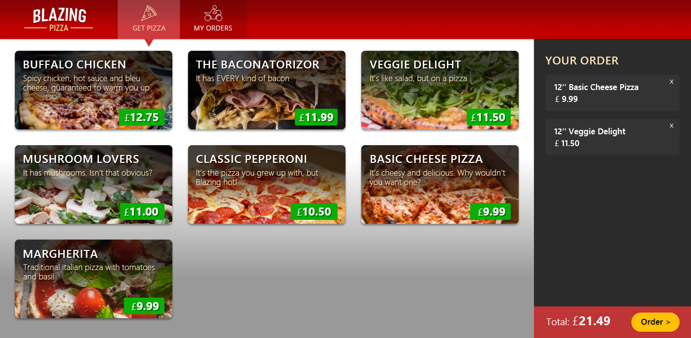 Screenshot der Blazing Pizza-App nach dem Klonen