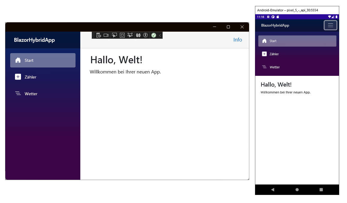 Screenshot: Ausführung der Blazor Hybrid-App unter Windows und Android