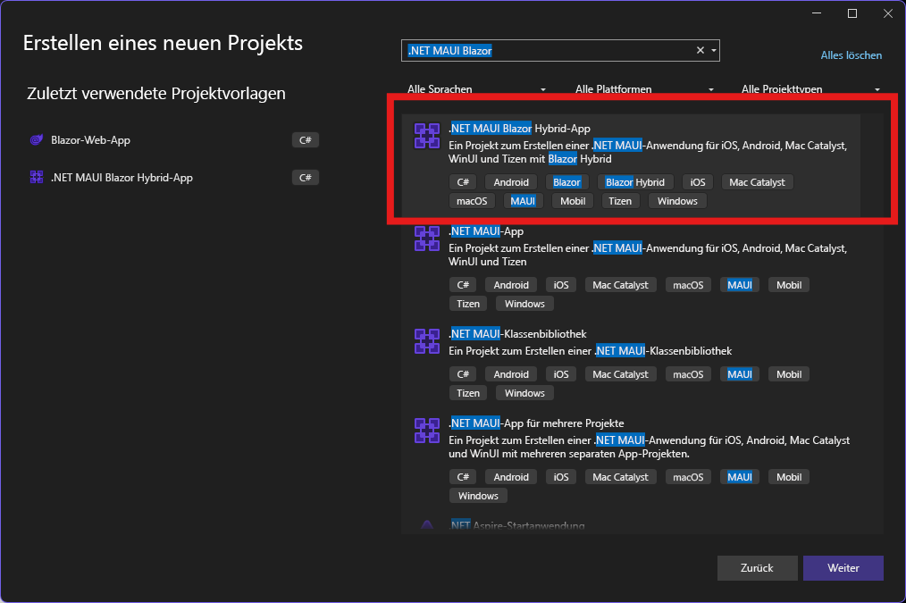 Screenshot: Bildschirm „Neues Projekt erstellen“ in Visual Studio 2022 und .NET MAUI Blazor-App-Vorlage