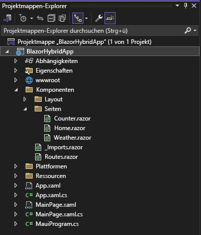 Screenshot: Projektmappen-Explorer in Visual Studio 2022 mit einer Liste der Dateien in einem .NET MAUI Blazor-Standardprojekt