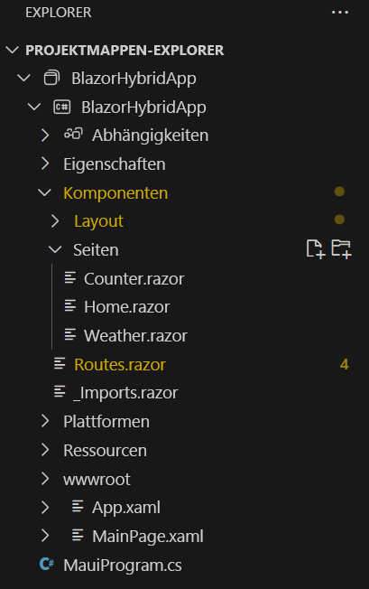 Screenshot: Projektmappen-Explorer in Visual Studio Code mit einer Liste der Dateien in einem .NET MAUI Blazor-Standardprojekt