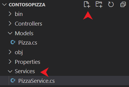 Screenshot: Hinzufügen einer neuen Datei zum Ordner „Services“ in Visual Studio Code.