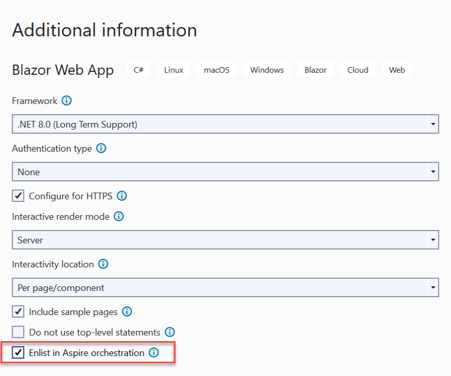 Screenshot des neuen Projektworkflows mit hervorgehobener Option „In Aspire-Orchestrierung eintragen“.