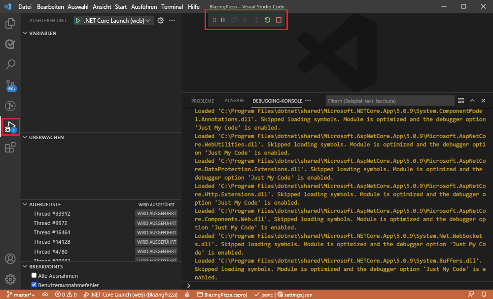 Screenshot des Debugfensters in Visual Studio Code