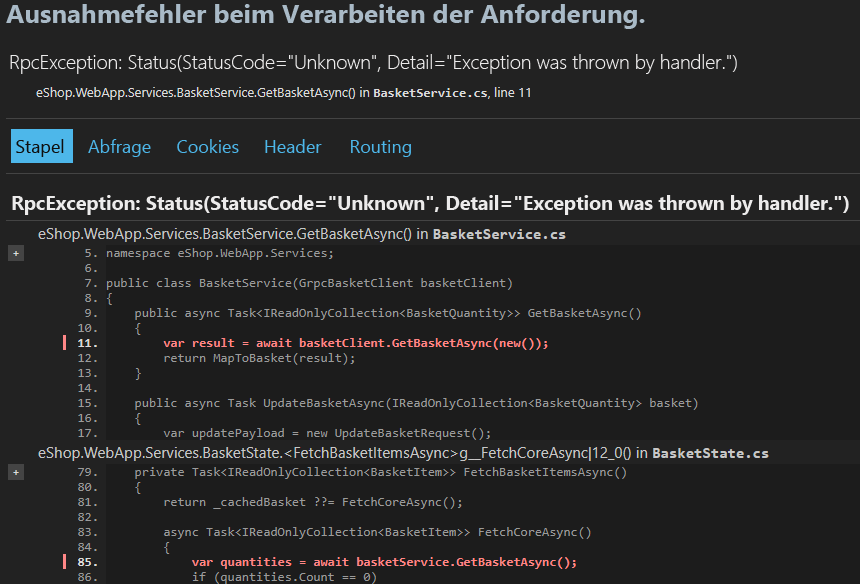 Screenshot der RpcException