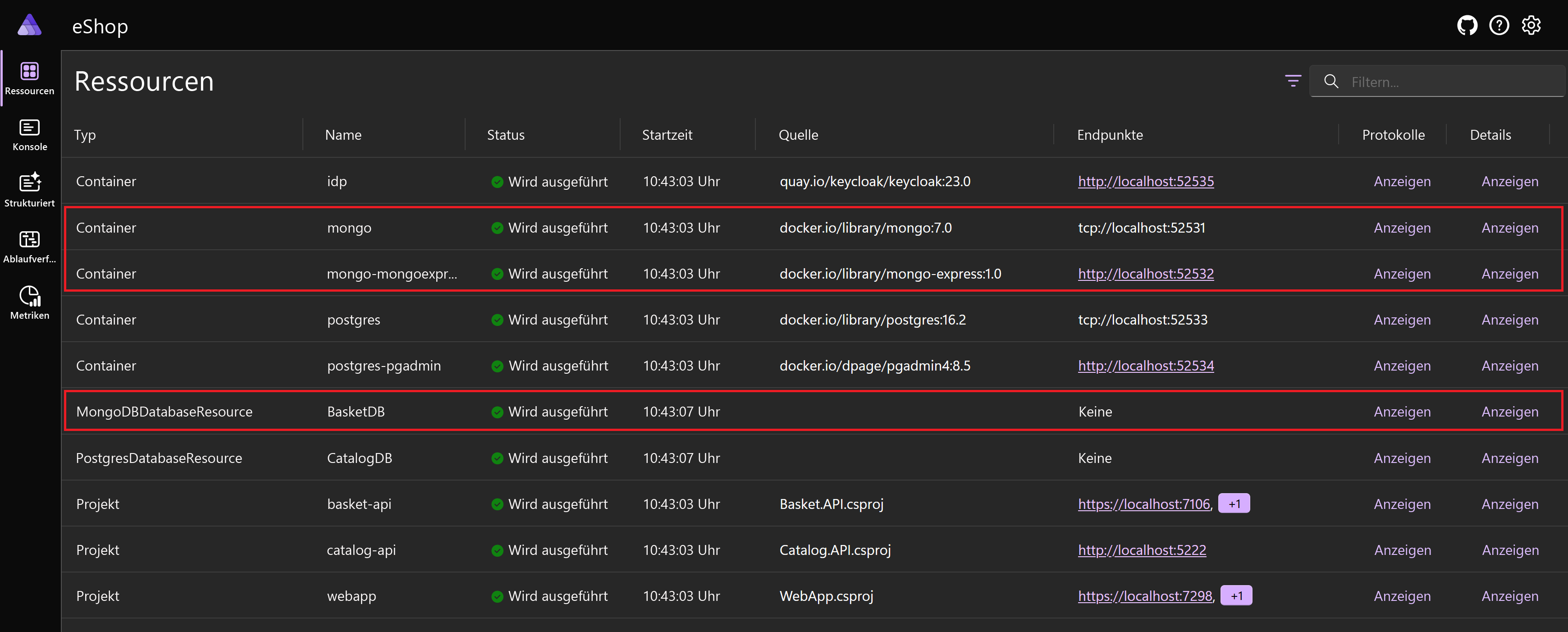 Screenshot des .NET Aspire-Dashboards mit hervorgehobenen MongoDB-Containern