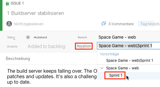 Screenshot: Azure Boards mit der Position der Iteration „Sprint 1“