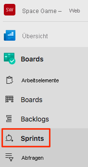 Screenshot: Azure DevOps mit der Position des Sprints-Menüs