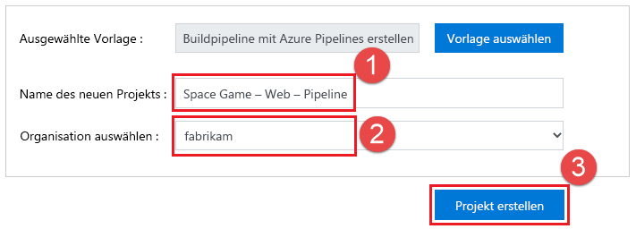 Screenshot der Erstellung eines Projekts mit dem Azure DevOps-Demo-Generator.