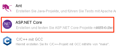 Screenshot von der Suche nach ASP.NET Core in der Liste der bereitgestellten Anwendungstypen.